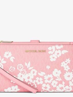 MICHAEL KORS Double Zip Printed Signature Logo Wristlet Wallet Carnation